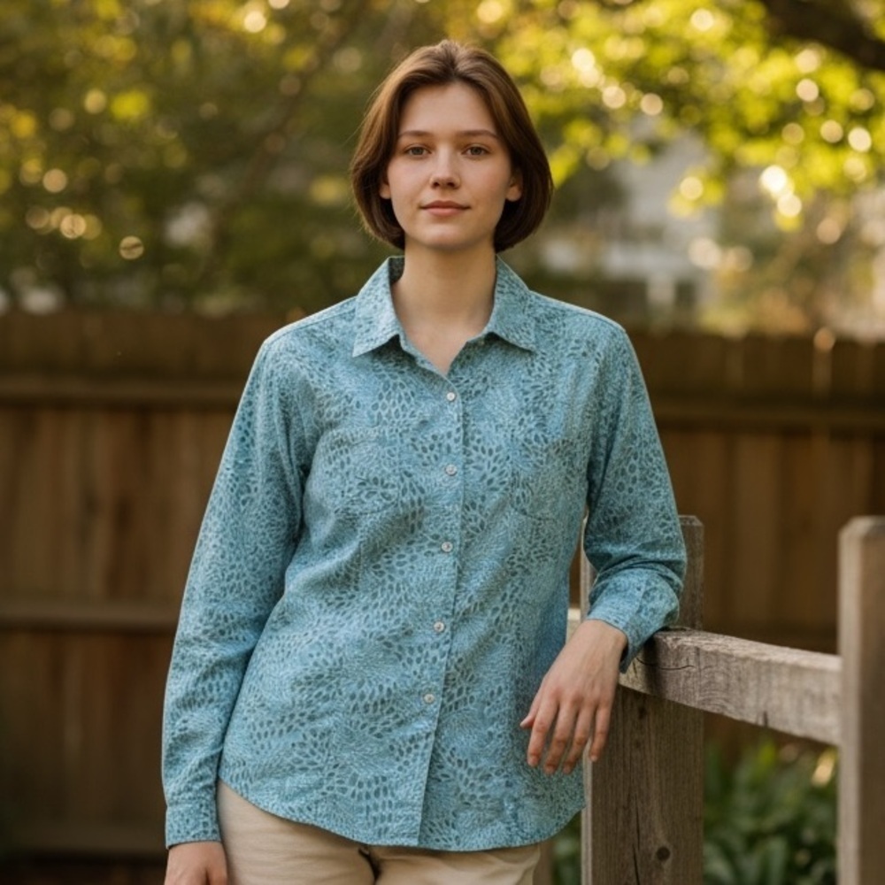 Woolrich Light Blue/Green Leaf Print Long Sleeve Shirt, Size XL.